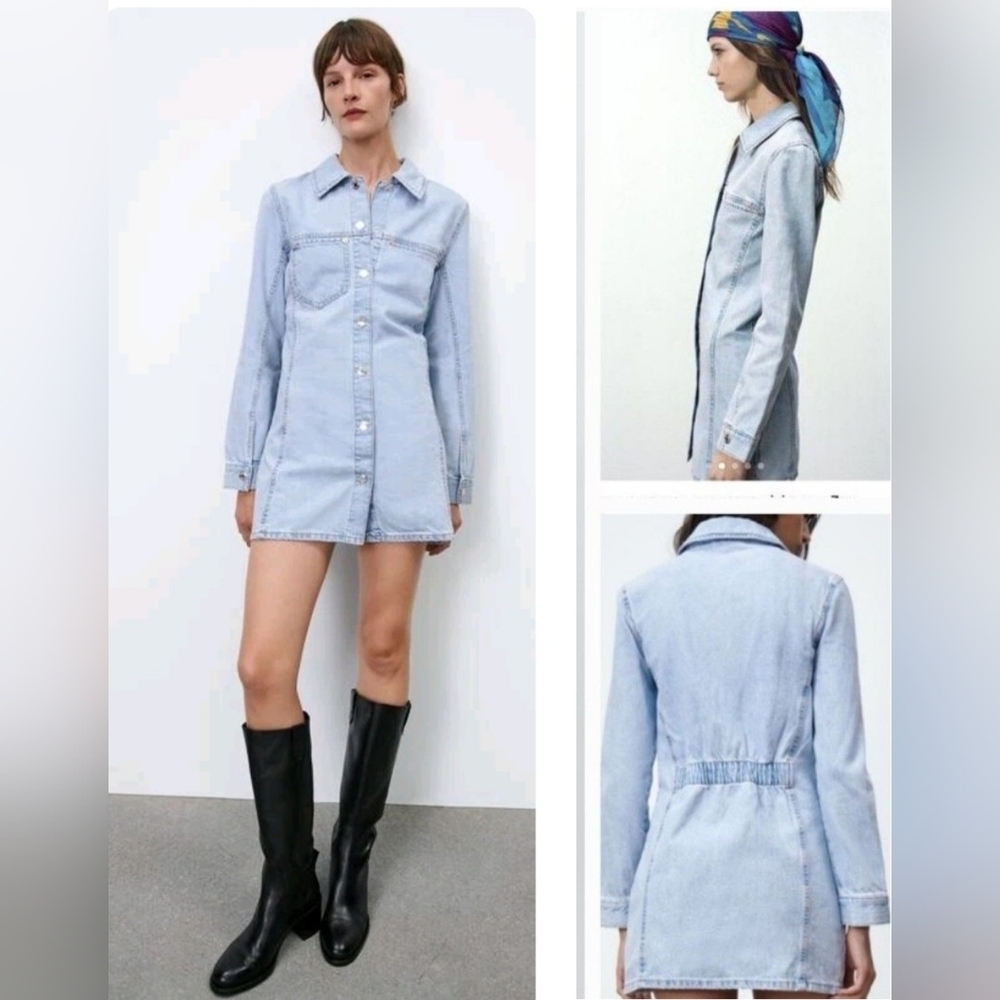 Zara Cotton Fitted Long Sleeves Button Down Denim Shirt Dress Light Wash Size S - Picture 2 of 15